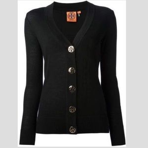 Tory Burch Sweaters - Tory Burch black cardigan w silver logo buttons XS Tory Burch Sweaters - Tory Burch black cardigan w silver logo buttons XS